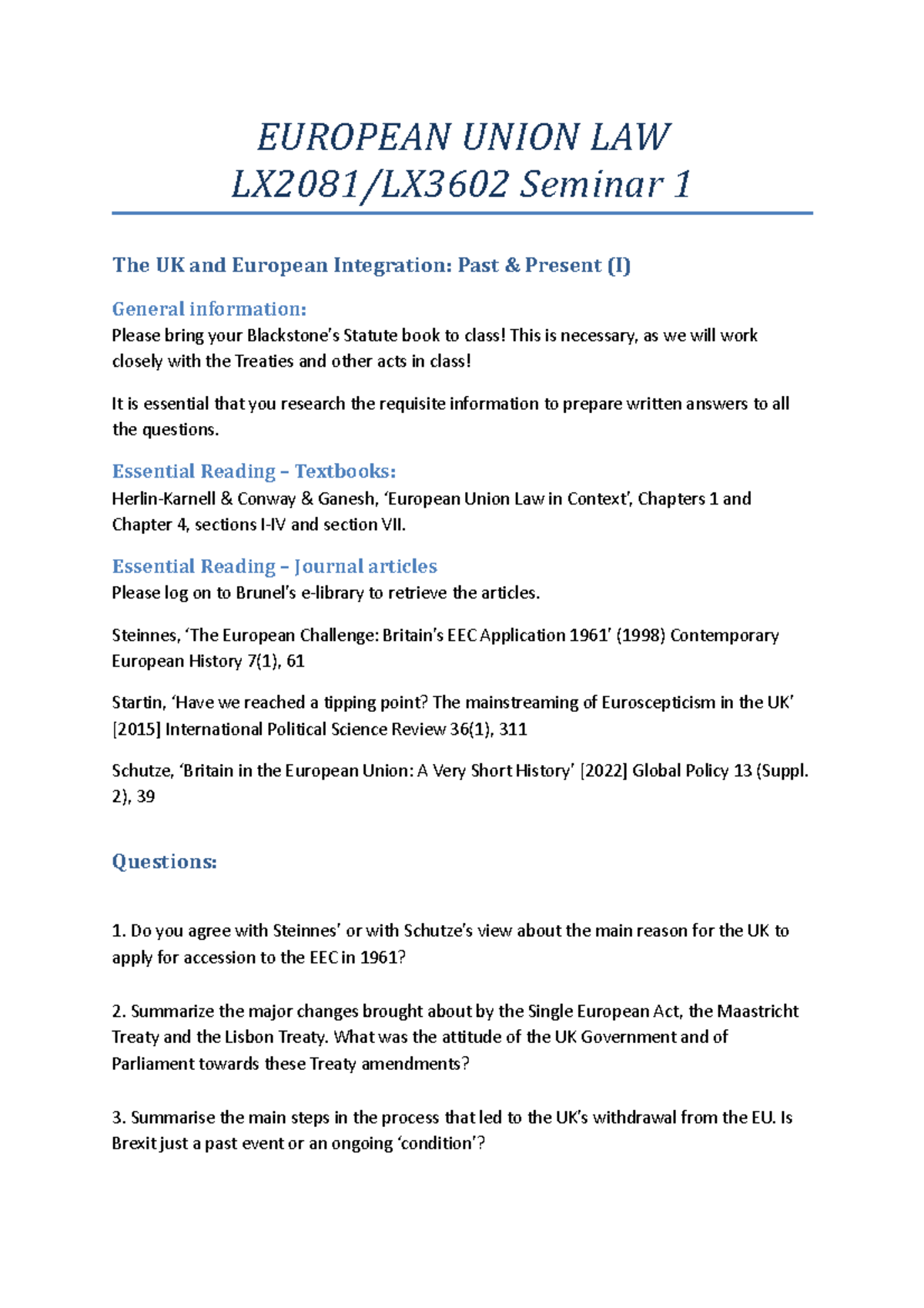 EU Seminar 1 copy - EUROPEAN UNION LAW LX2081/LX3602 Seminar 1 The UK ...