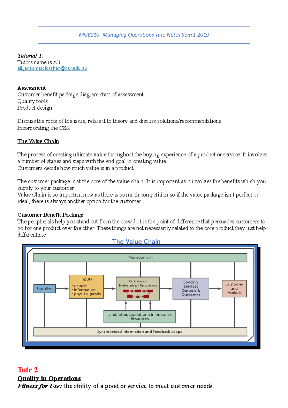 MGB210 Tute Notes - MGB210- Managing Operations Tute Notes Sem 1 2019 ...