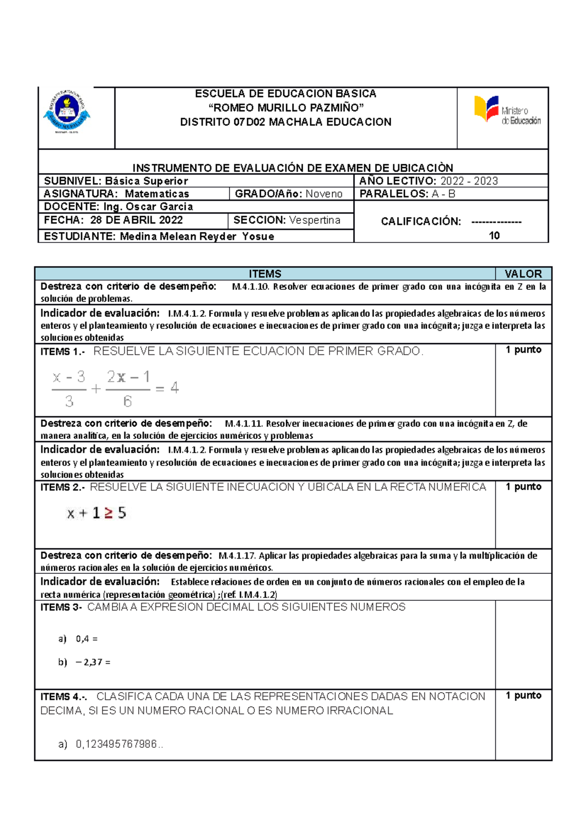 Examen De Ubicaciòn Matematicas - ESCUELA DE EDUCACION BASICA “ROMEO ...