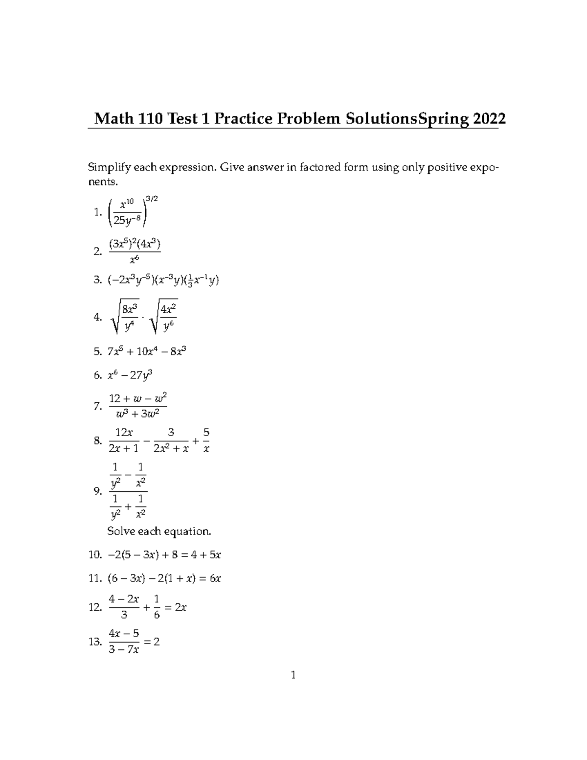 MATH 110 Test 1 Review - Math 110 Test 1 Practice Problem ...