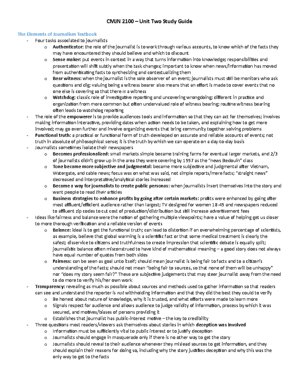 Test Two Study Guide CMJN 2100 Unit Two Study Guide The Elements Of