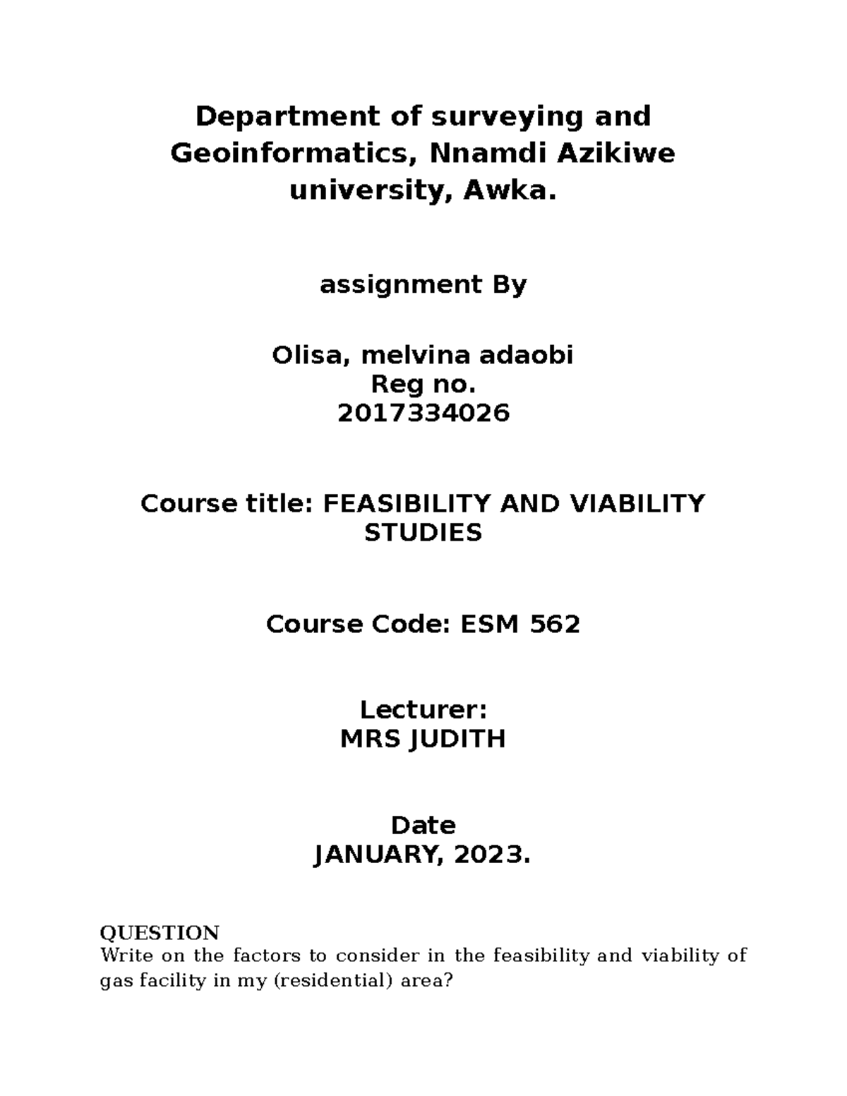 ESM 562 Department of surveying and Geoinformatics, Nnamdi Azikiwe