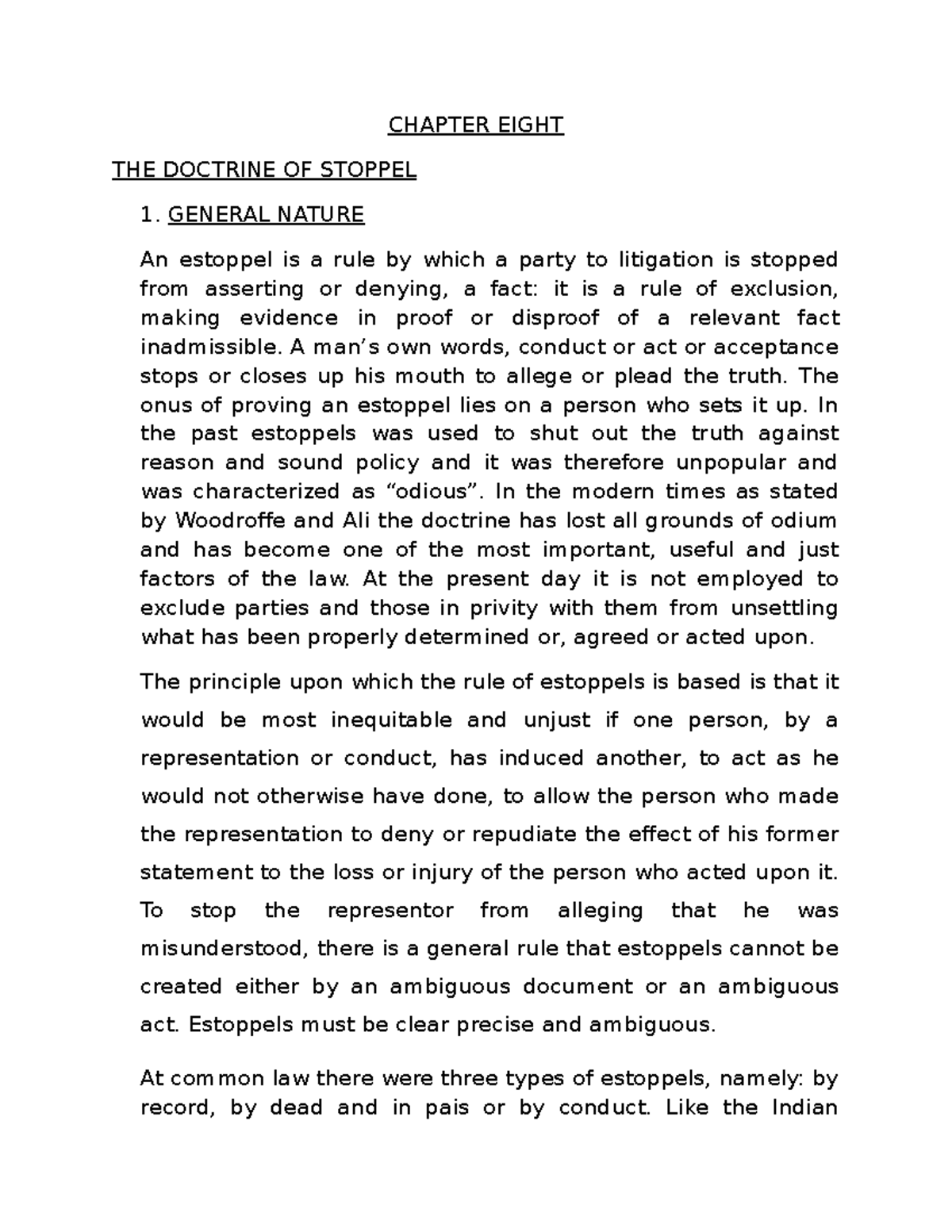 Evidence Notes-Chap. 8 - CHAPTER EIGHT THE DOCTRINE OF STOPPEL 1 ...