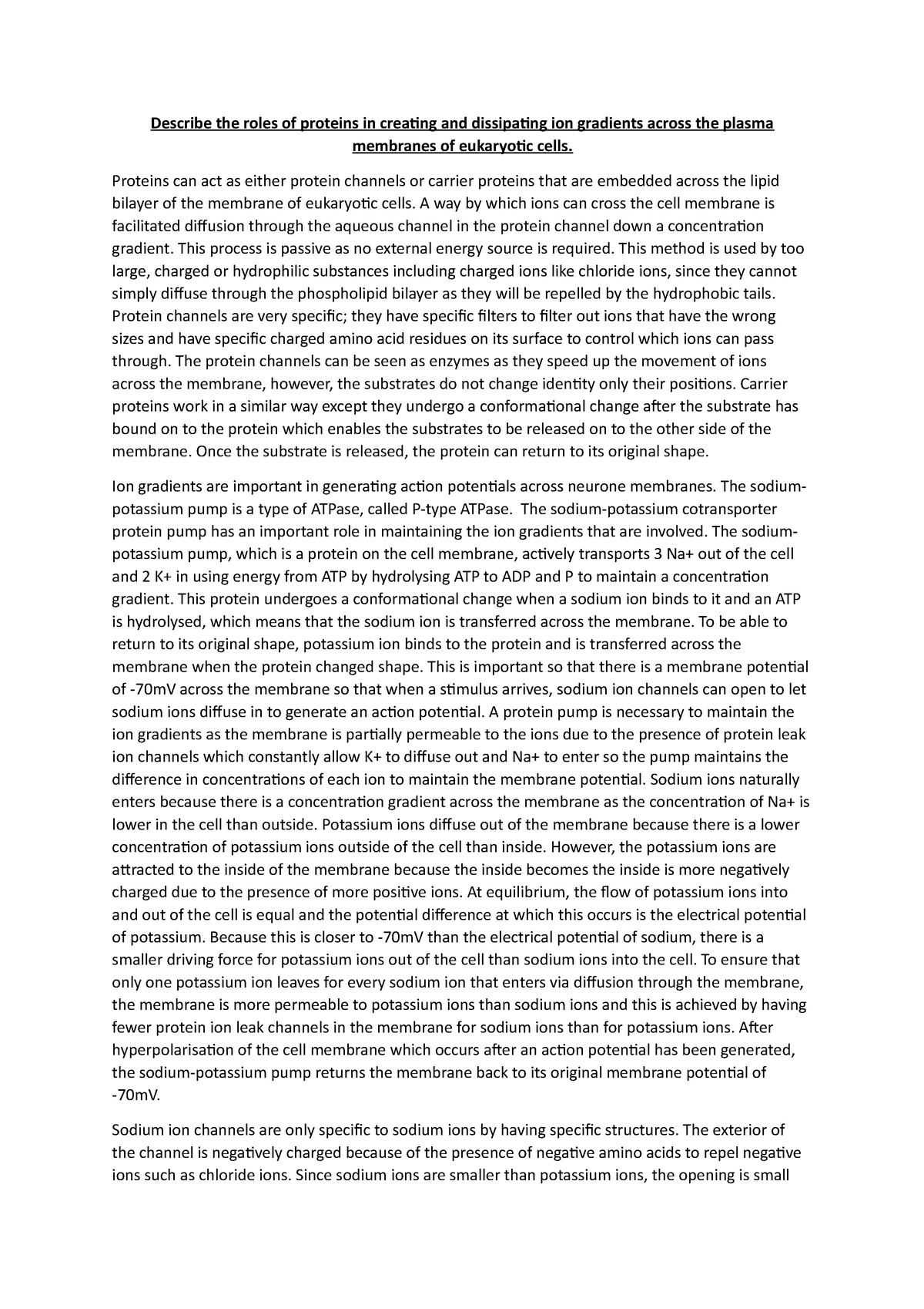 Proteins and ion gradient - Describe the roles of proteins in creating ...