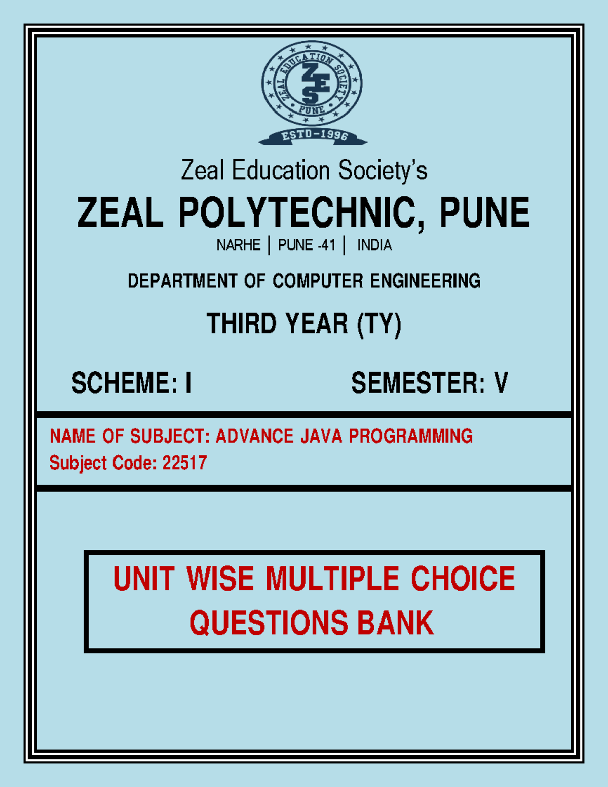 Advance Java Mcqs - Mcq - UNIT WISE MULTIPLE CHOICE QUESTIONS BANK Zeal ...