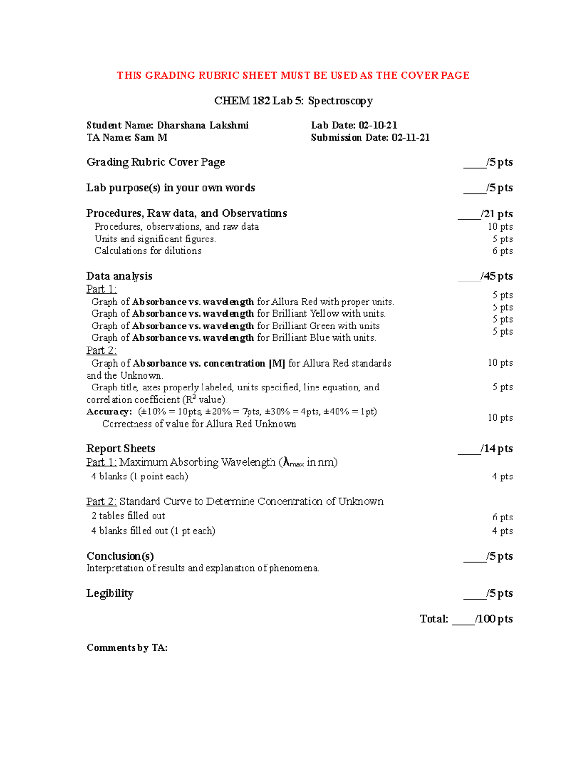Lab Five - Chem 182 - TA Name: Sam M Lab Date: 02-10-21 Submission Date ...