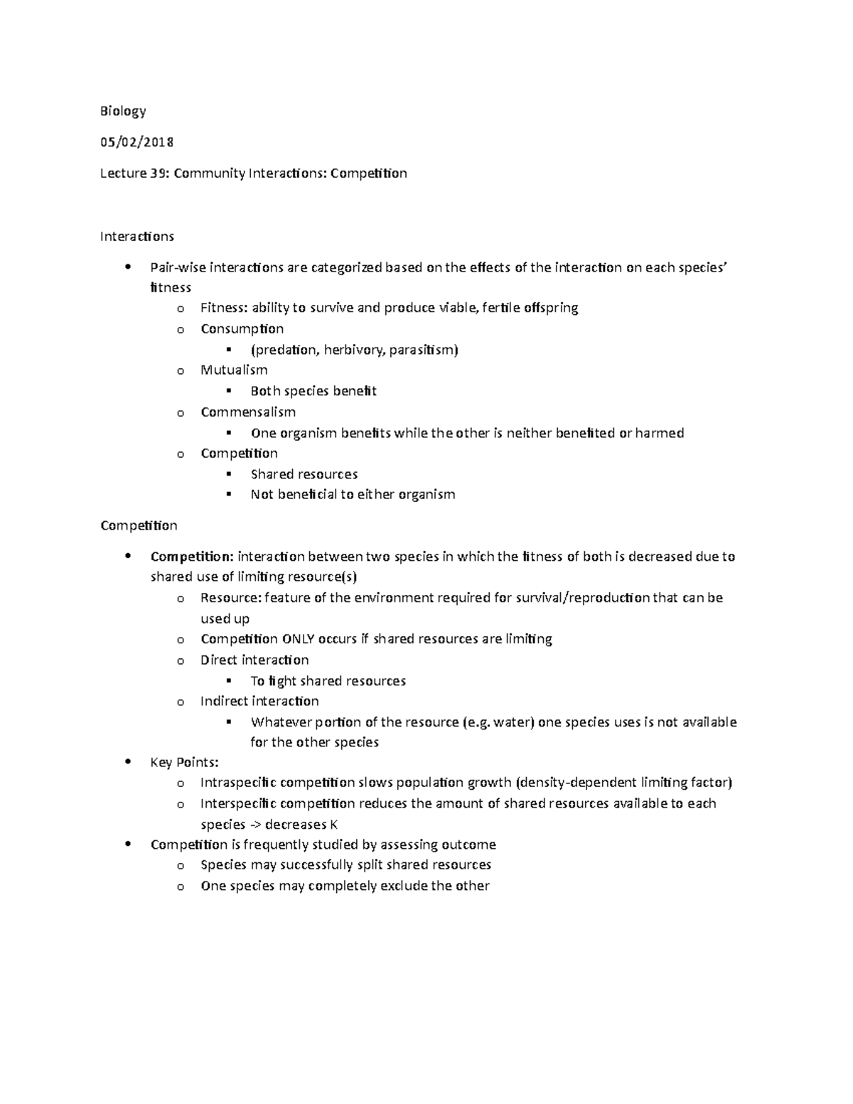 Lecture 39 Community Interactions Competition - Biology 05/02/ Lecture ...