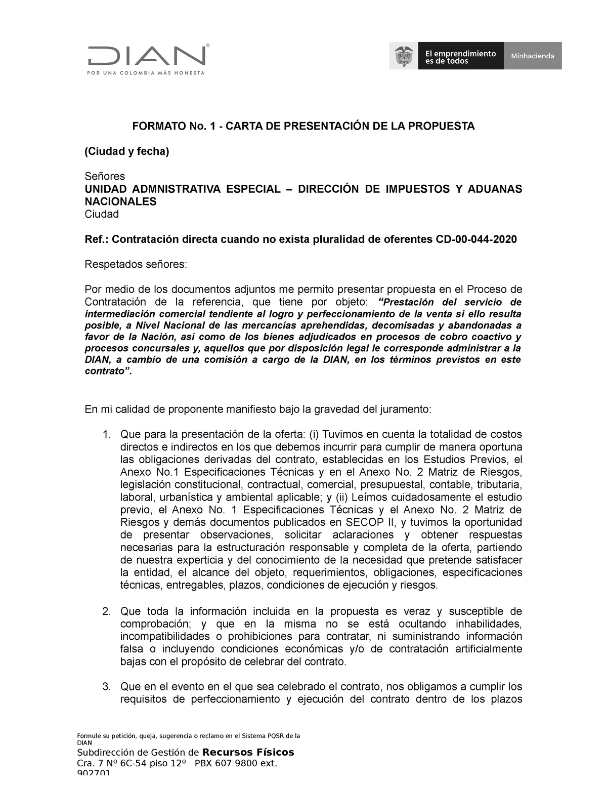 Formato No 1 Carta De Presentacion De La Propuesta - FORMATO No. 1 ...