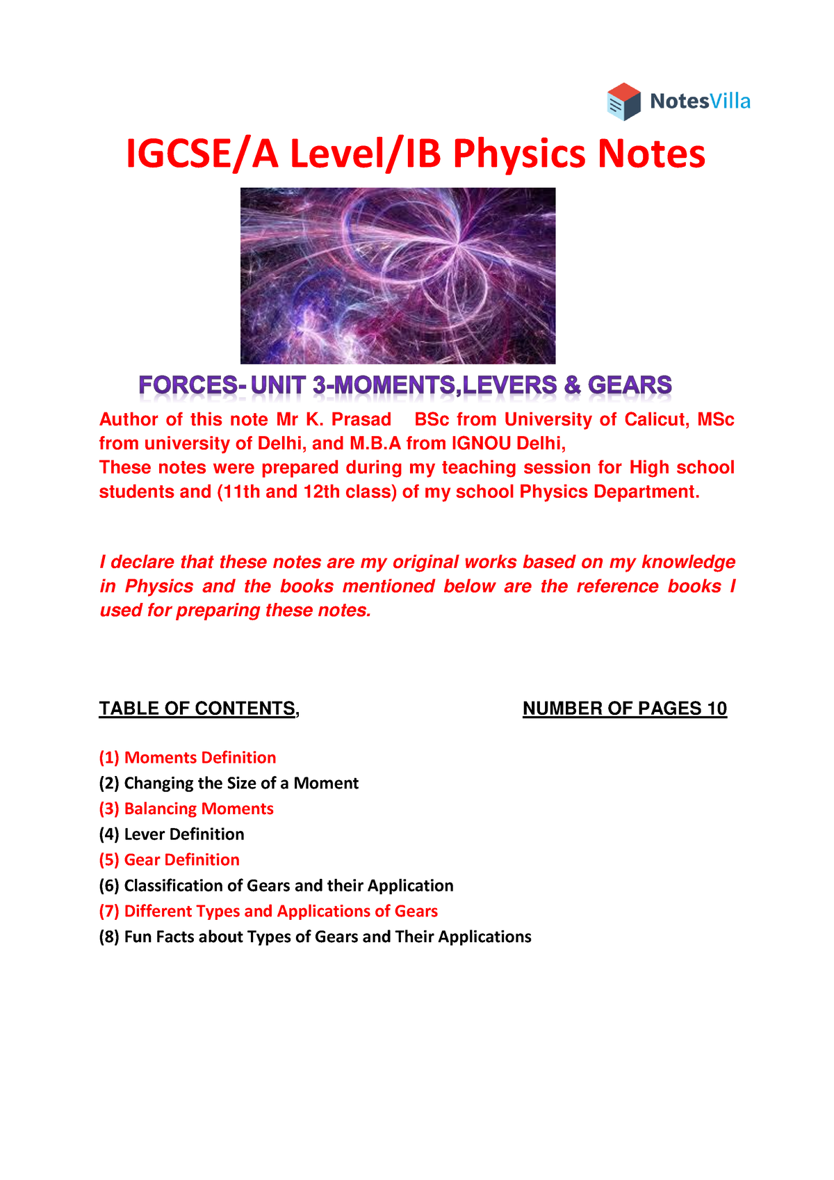 Physics Study Notes On Force Unit 3 Moments Levers And Gears - IGCSE/A ...