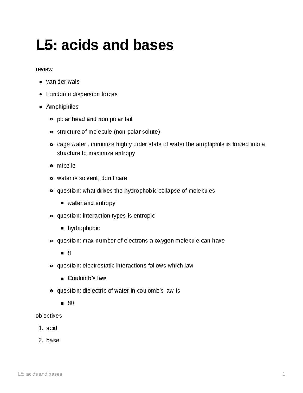 L5 acids and bases types of bonds, acid and base relationships, ph