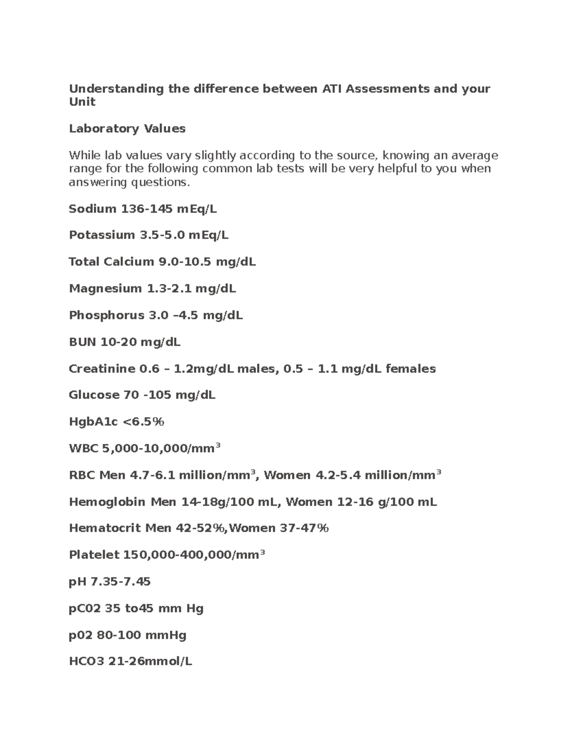 ATI LAB Values Nclex PREP Understanding the difference between ATI