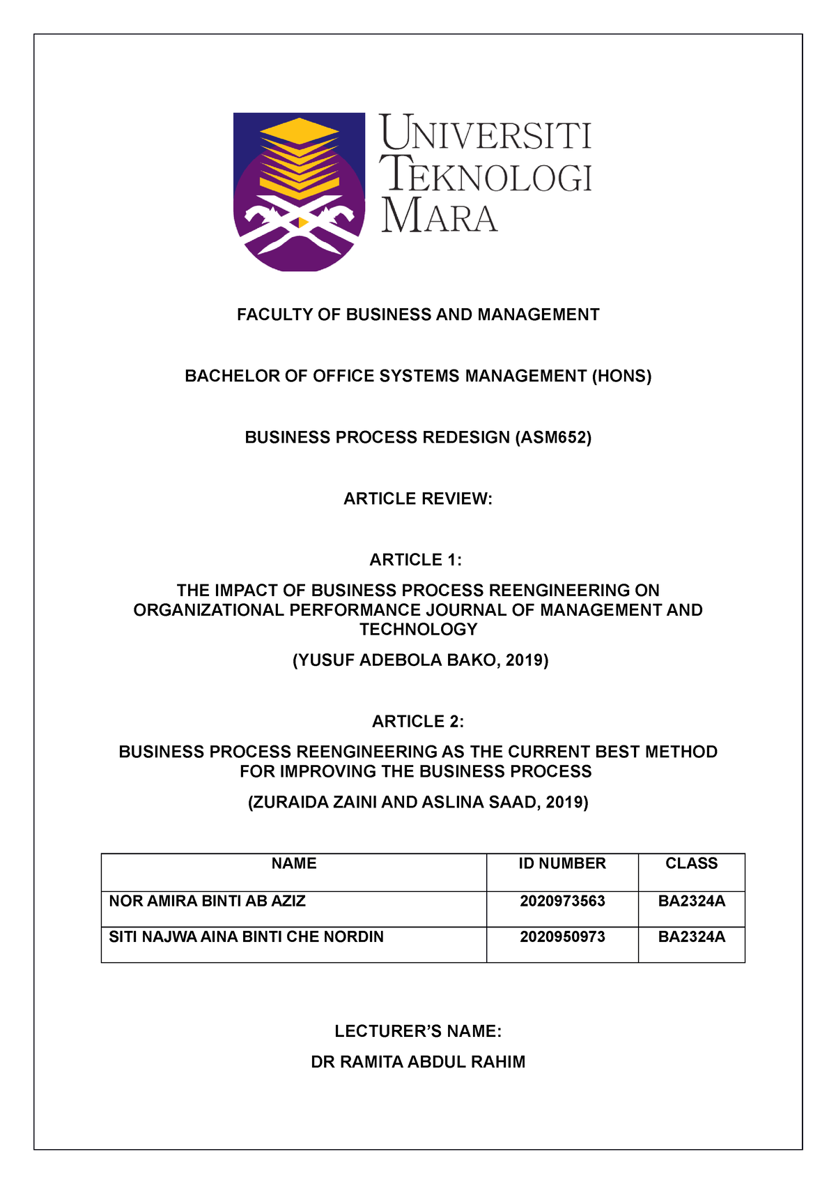 Article Review ASM 652 - FACULTY OF BUSINESS AND MANAGEMENT BACHELOR OF ...