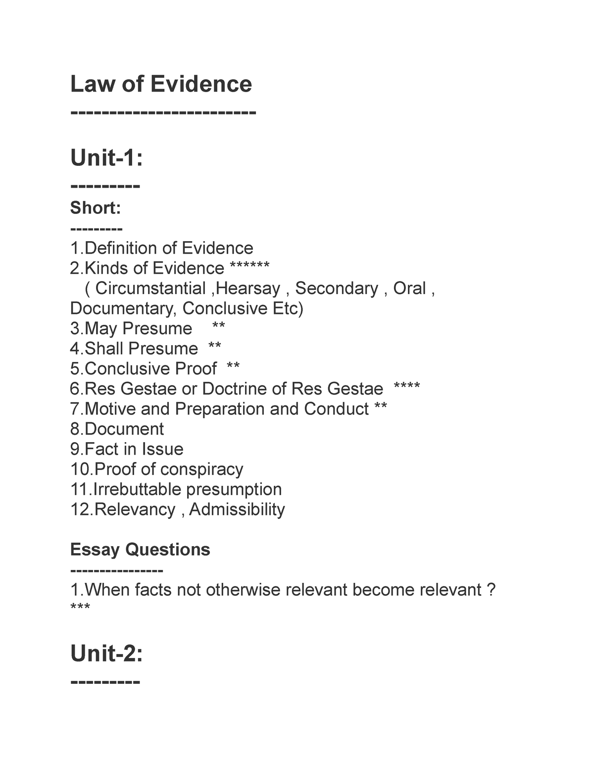 Law Of Evidence Important Questions Law Of Evidence Unit 1 Short 1 Of Evidence 2 Of