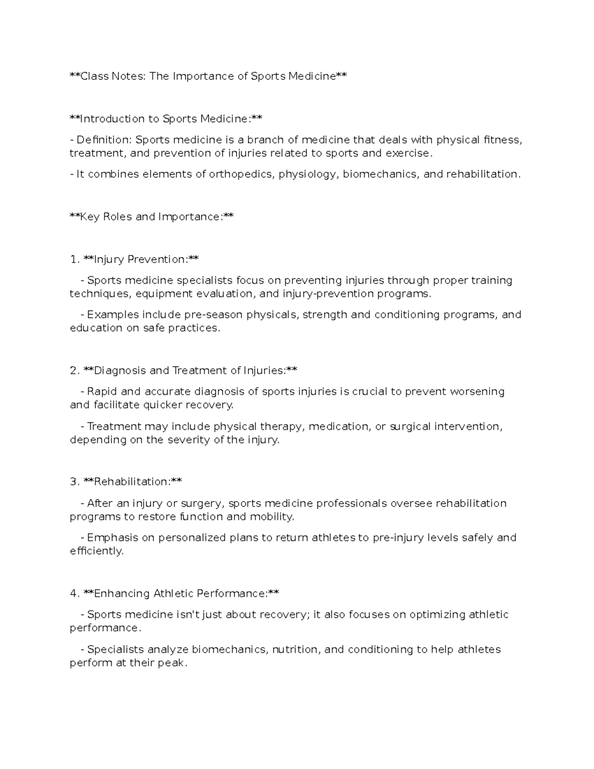 Class Notes: Key Aspects of Sports Medicine and Its Importance - Class ...