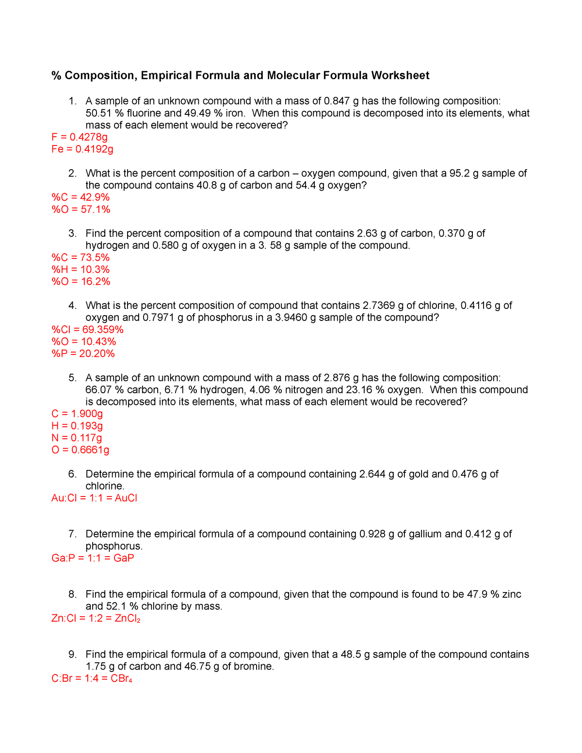 Percent Composition Empirical Formula And Molecular Formula Worksheet Answer Key
