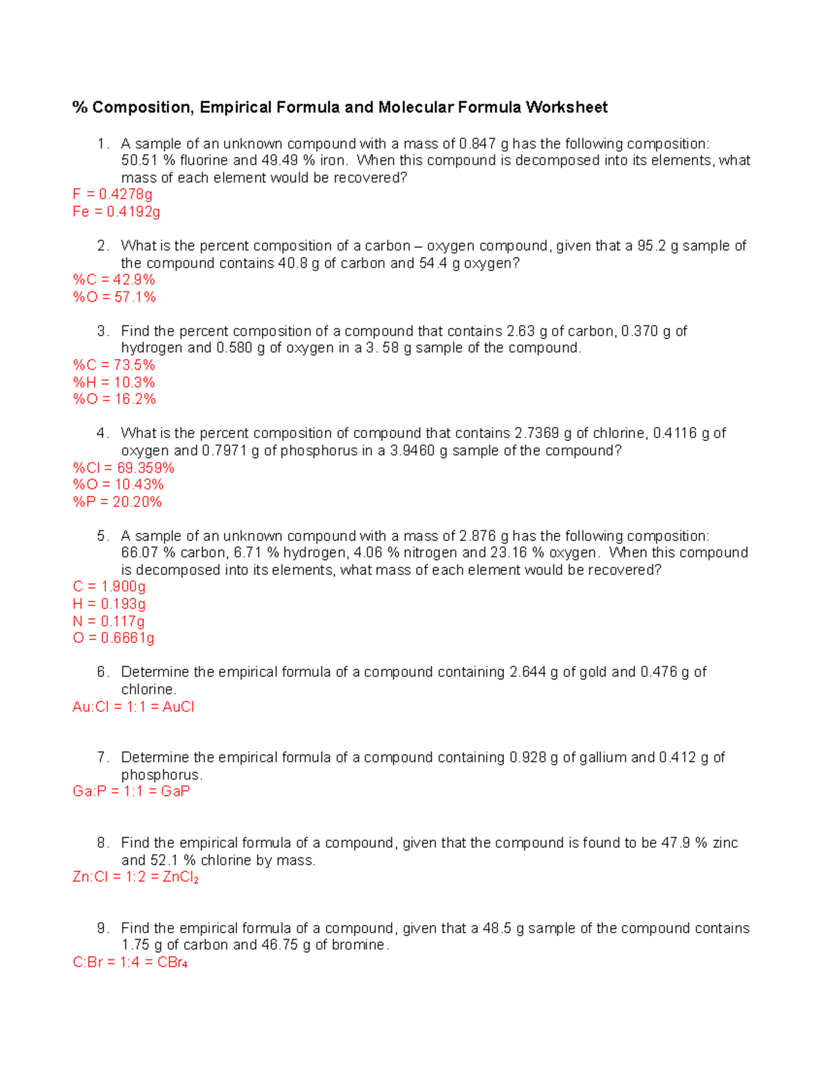 Empirical And Molecular Formula Practice Worksheet Answer Key