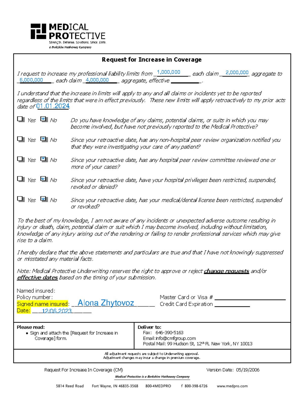 Limits Increase Medpro(CM) A - Request For Increase In Coverage (CM ...