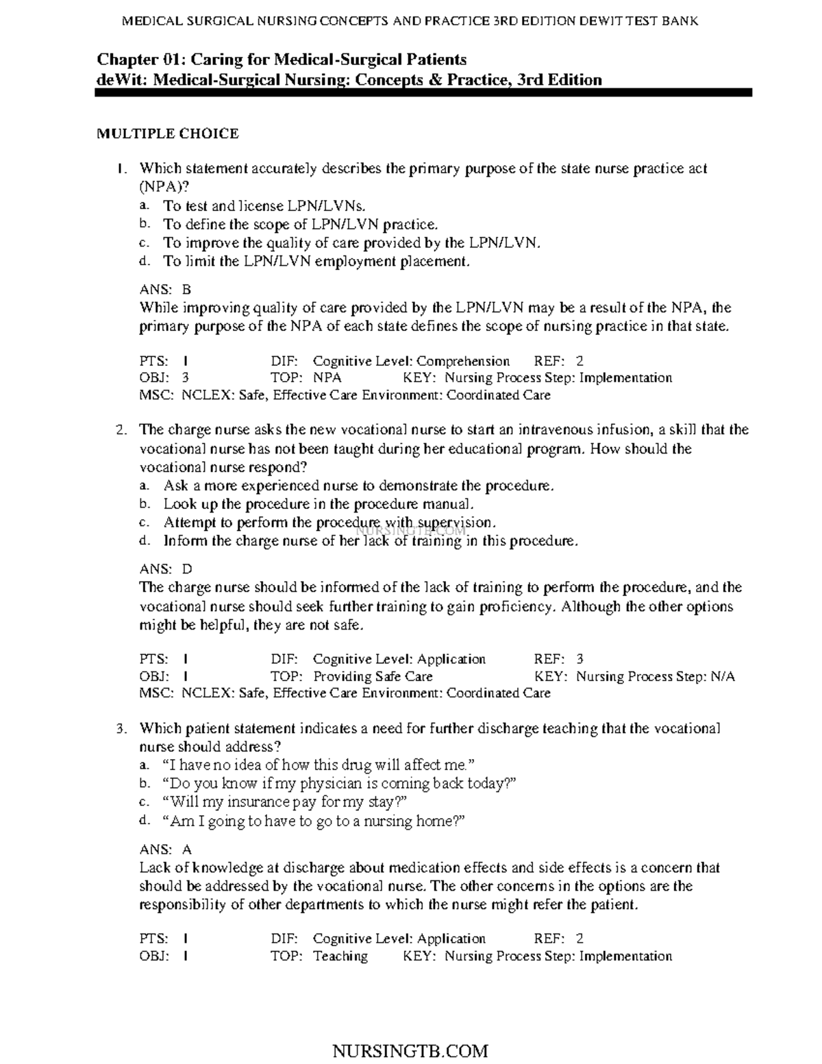 Practice Questions For Nursing - NURSINGTB Chapter 01: Caring For ...