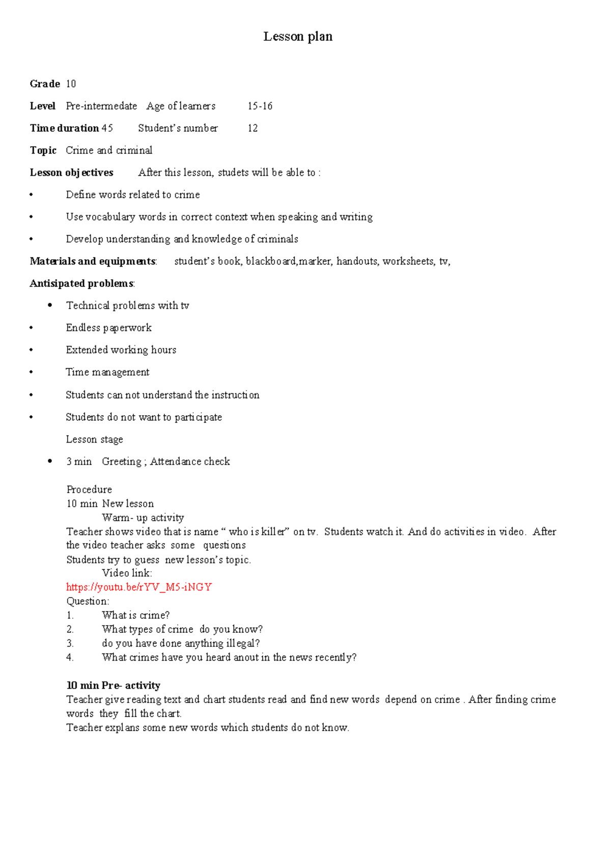 Crime lp - lesson plan - Lesson plan Grade 10 Level Pre-intermedate Age ...