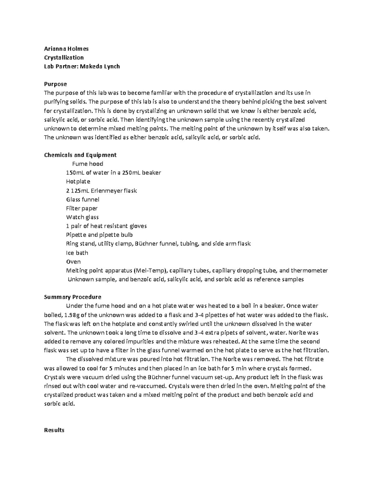 Crystalisation lab report - Arianna Holmes Crystallization Lab Partner ...