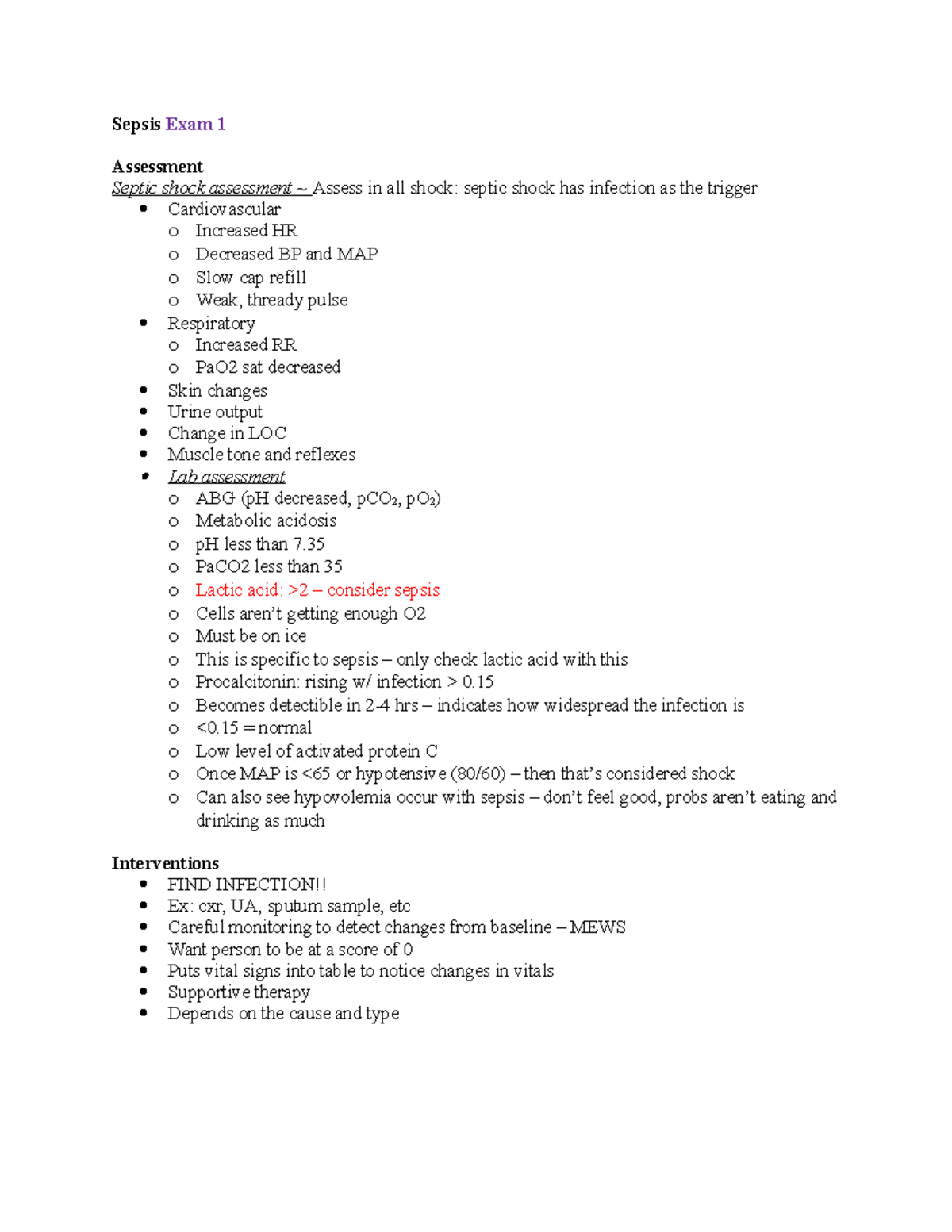 High Acuity exam notes - Sepsis Exam 1 Assessment Septic shock ...