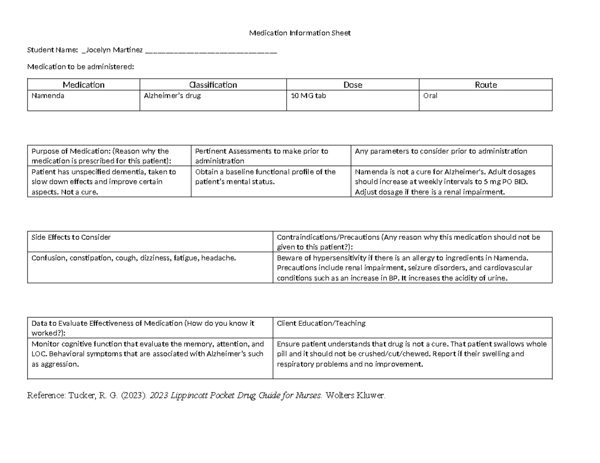 Medication Information Sheet Namenda - Medication Information Sheet ...