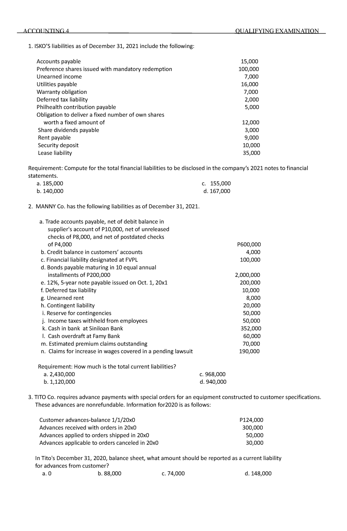 Accounting 4 Qualifying Examination - ACCOUNTING 4 QUALIFYING ...