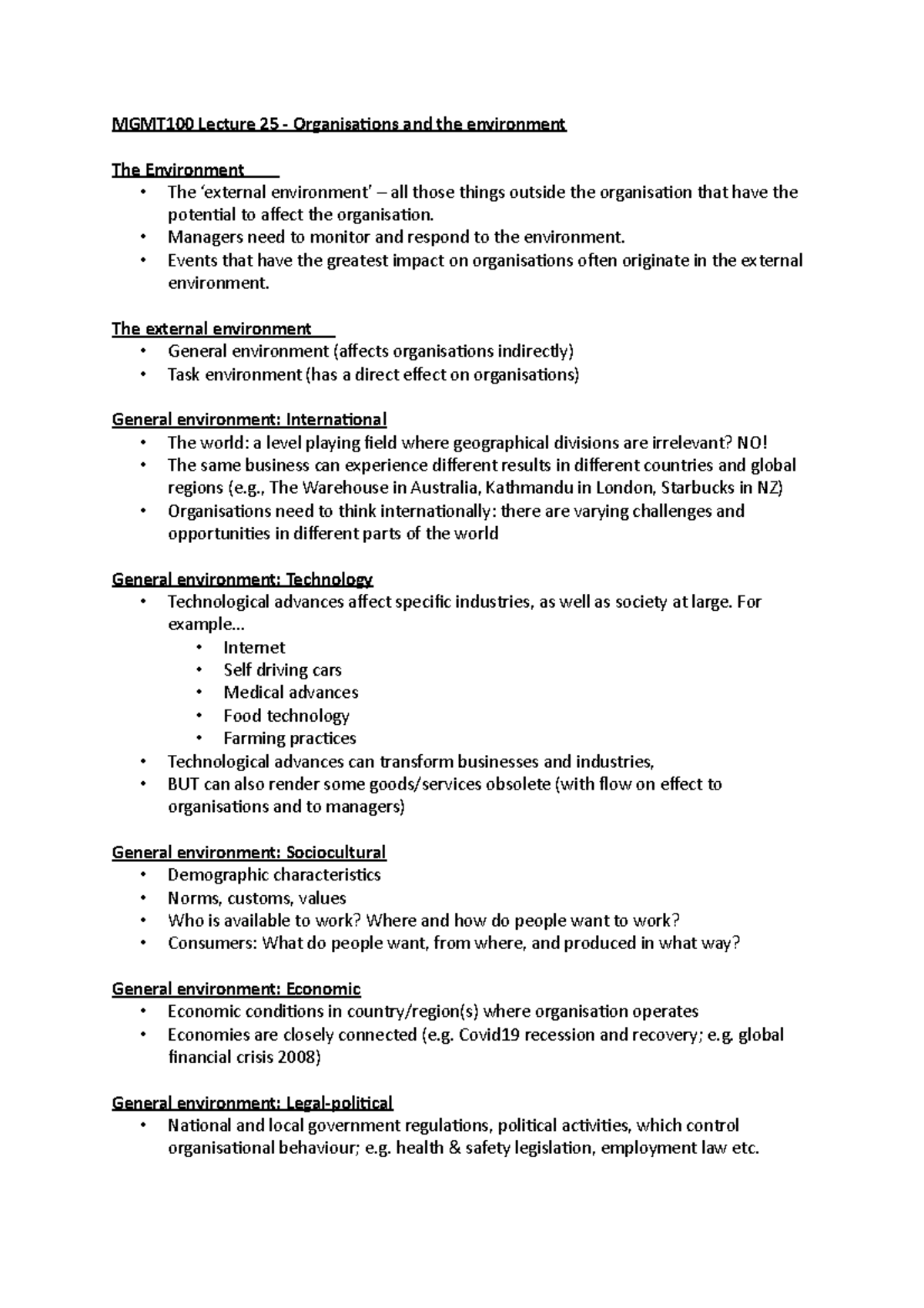 MGMT100 L25 - MGMT100 Lecture 25 - Organisations And The Environment ...