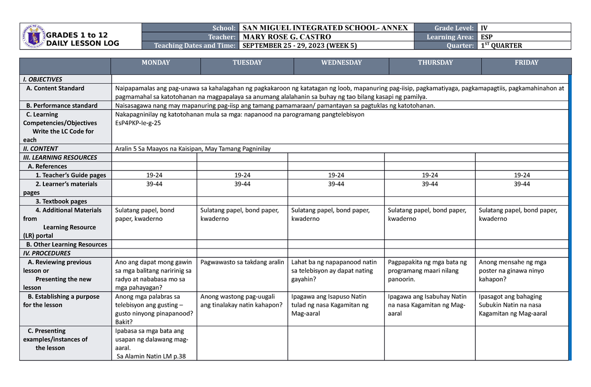 DLL ESP 4 Q1 W5 - N/a - GRADES 1 To 12 DAILY LESSON LOG School: SAN ...