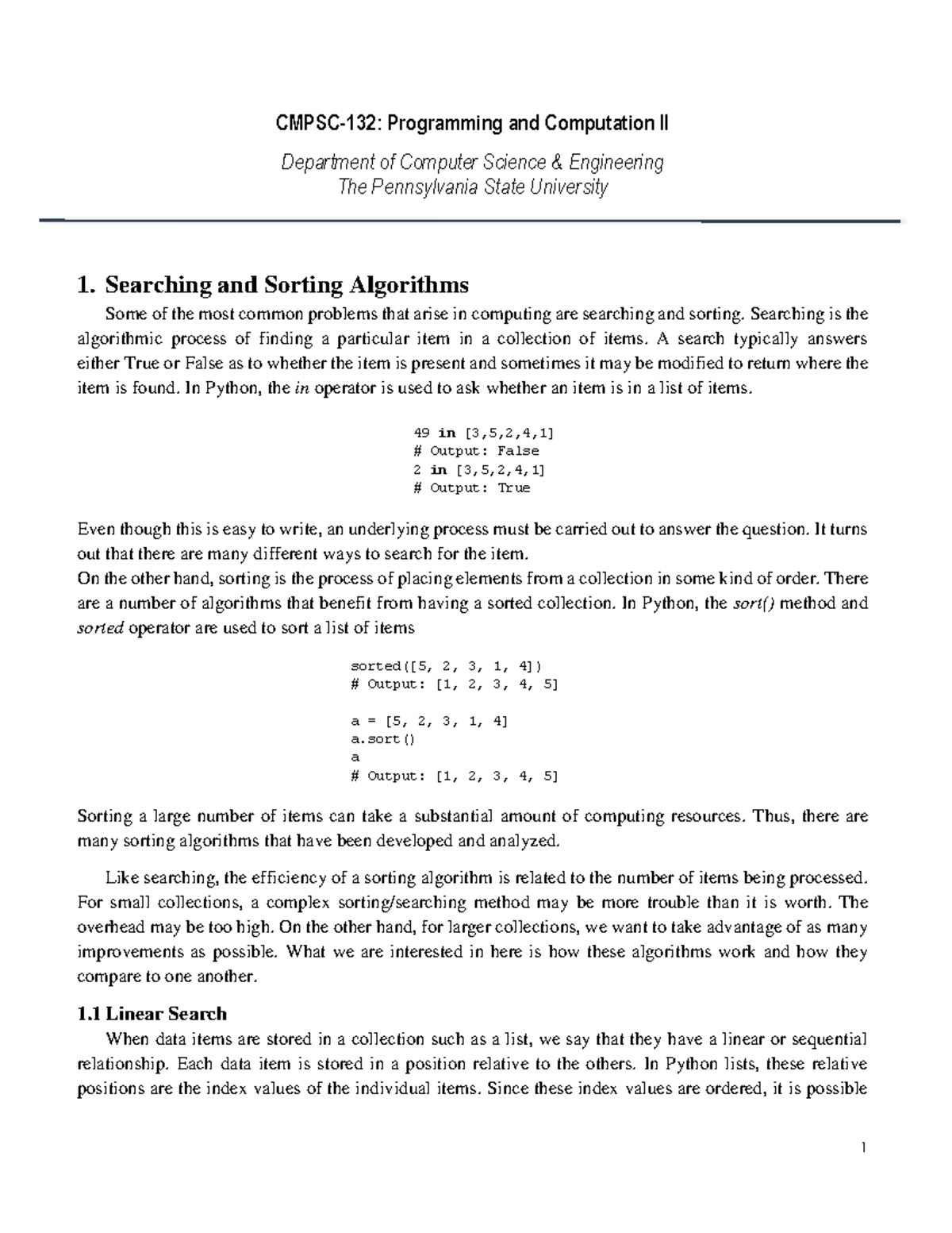 [Notes] Searching and Sorting Algorithms - CMPSC-132: Programming and ...