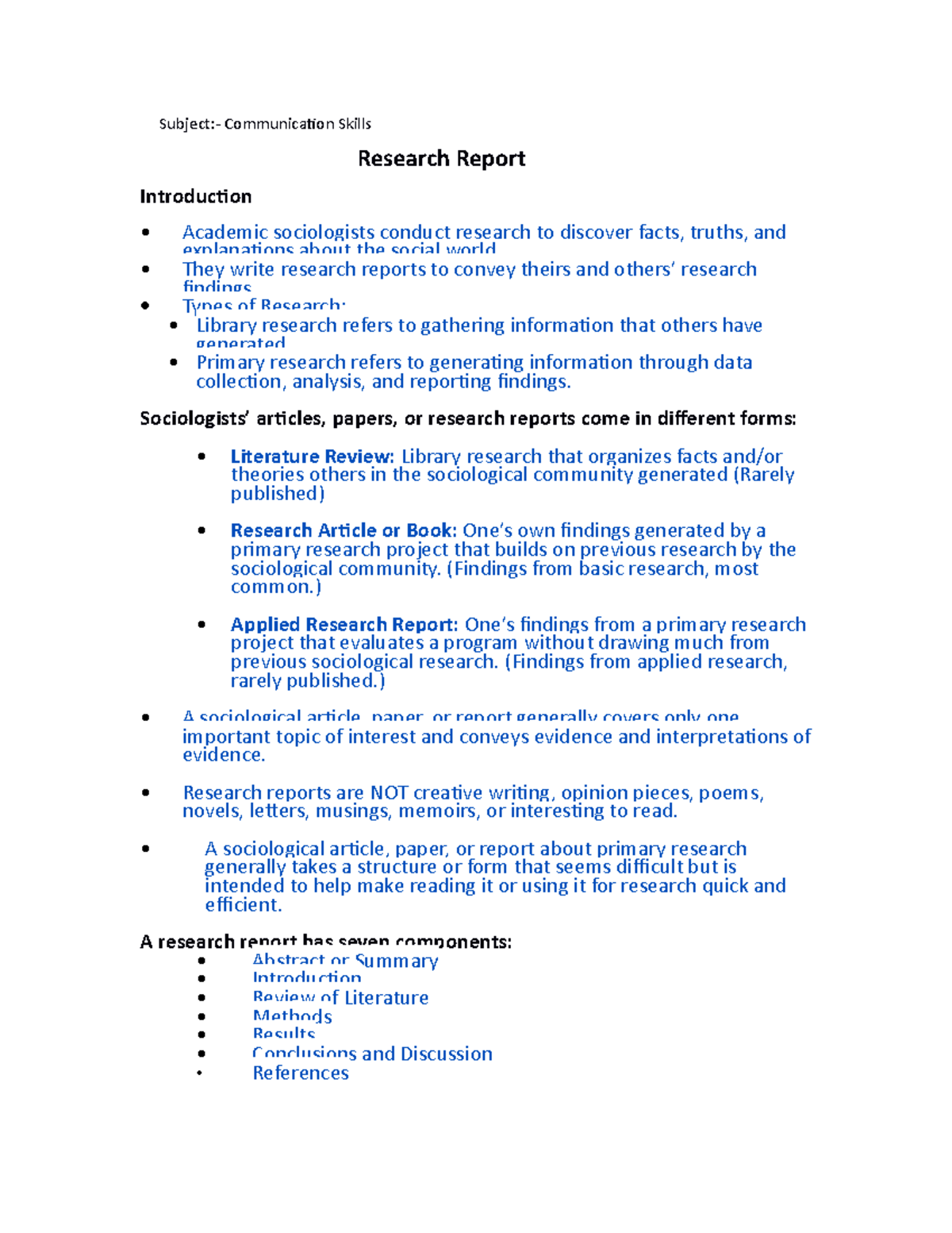Research Report Subject Communication Skills Research Report