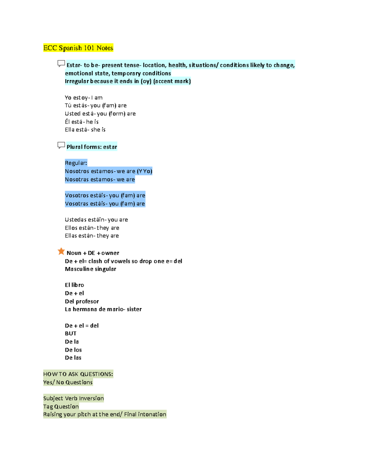 Spanish 101 Notes 2 - ECC Spanish 101 Notes Estar- to be- present tense ...