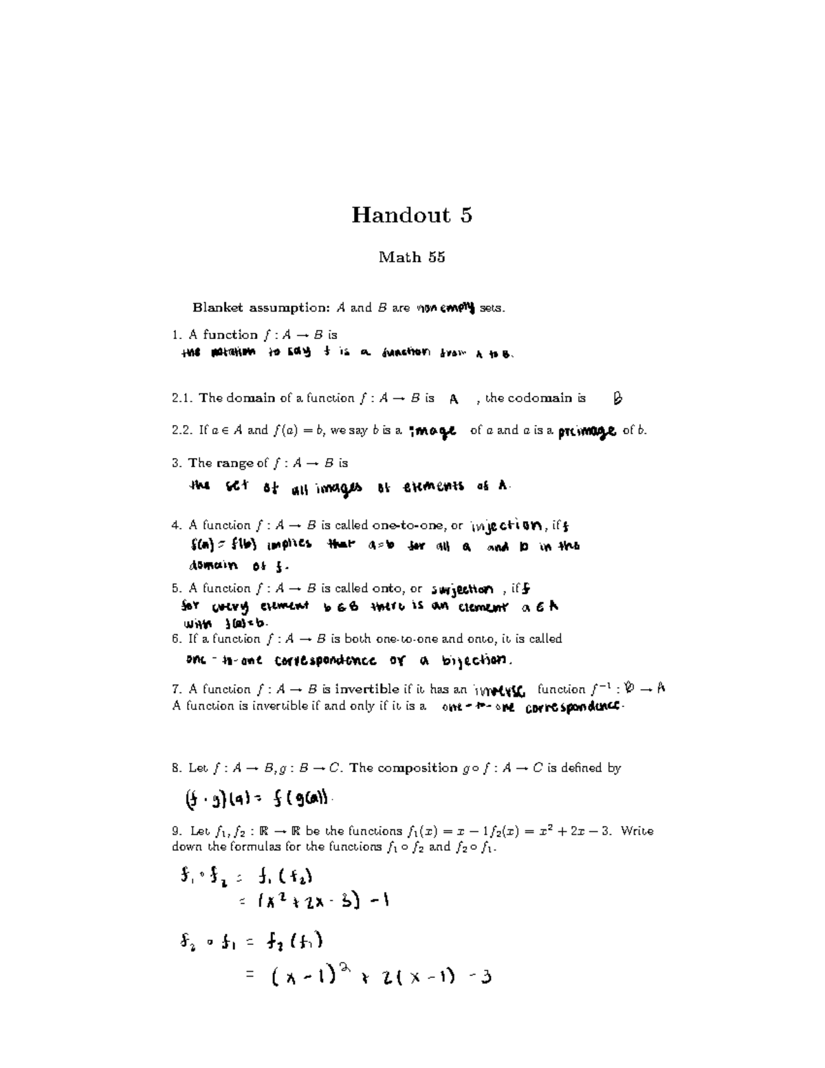 Handout 5 55 Handout 5 Math 55 A Blanket assumption function f A Ñ
