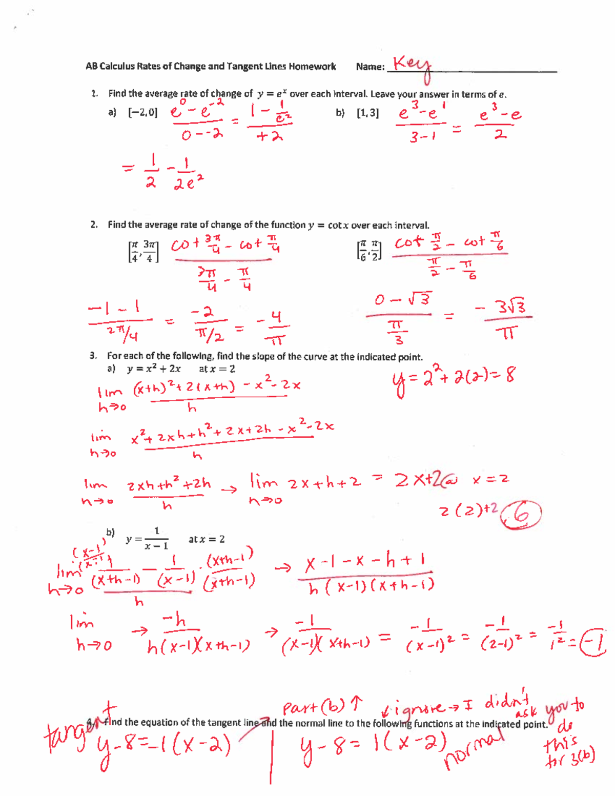 Rates Of Change And Tangent Hw And Derivative Of A Function Hw Part 1 ...