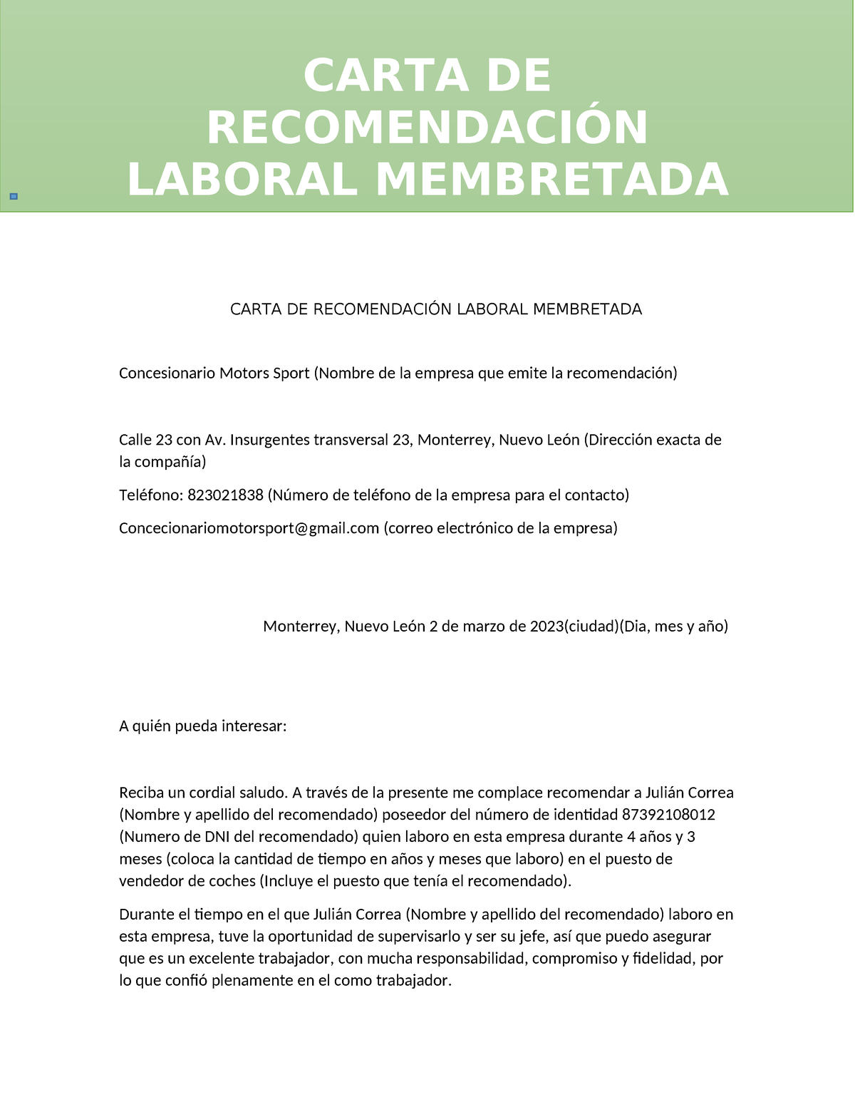 Carta De Recomendacion Membretada Carta De RecomendaciÓn Laboral Membretada Carta De 1446