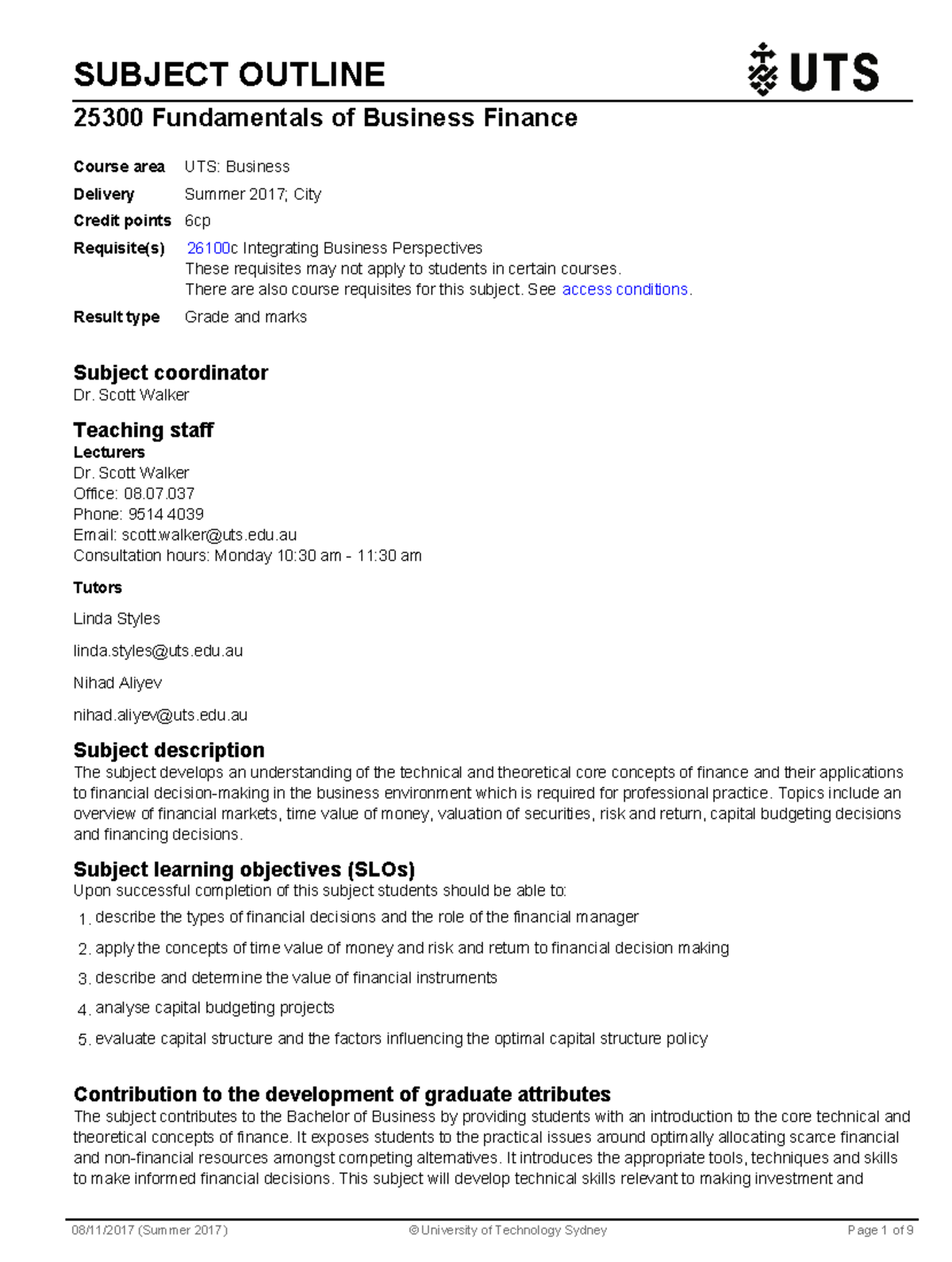Subject outline - SUBJECT OUTLINE 25300 Fundamentals of Business ...