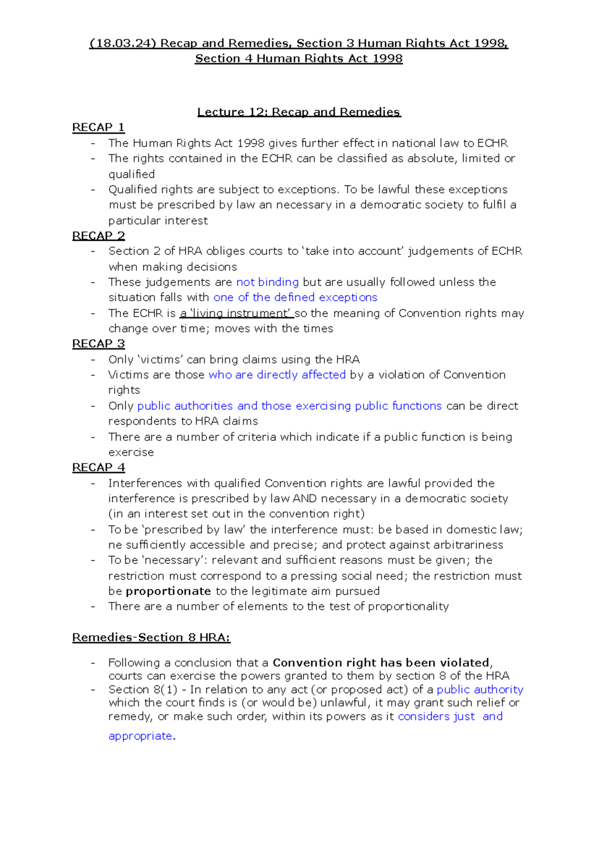 HR L12-14 - Section 4 Human Rights Act 1998 Lecture 12: Recap and ...
