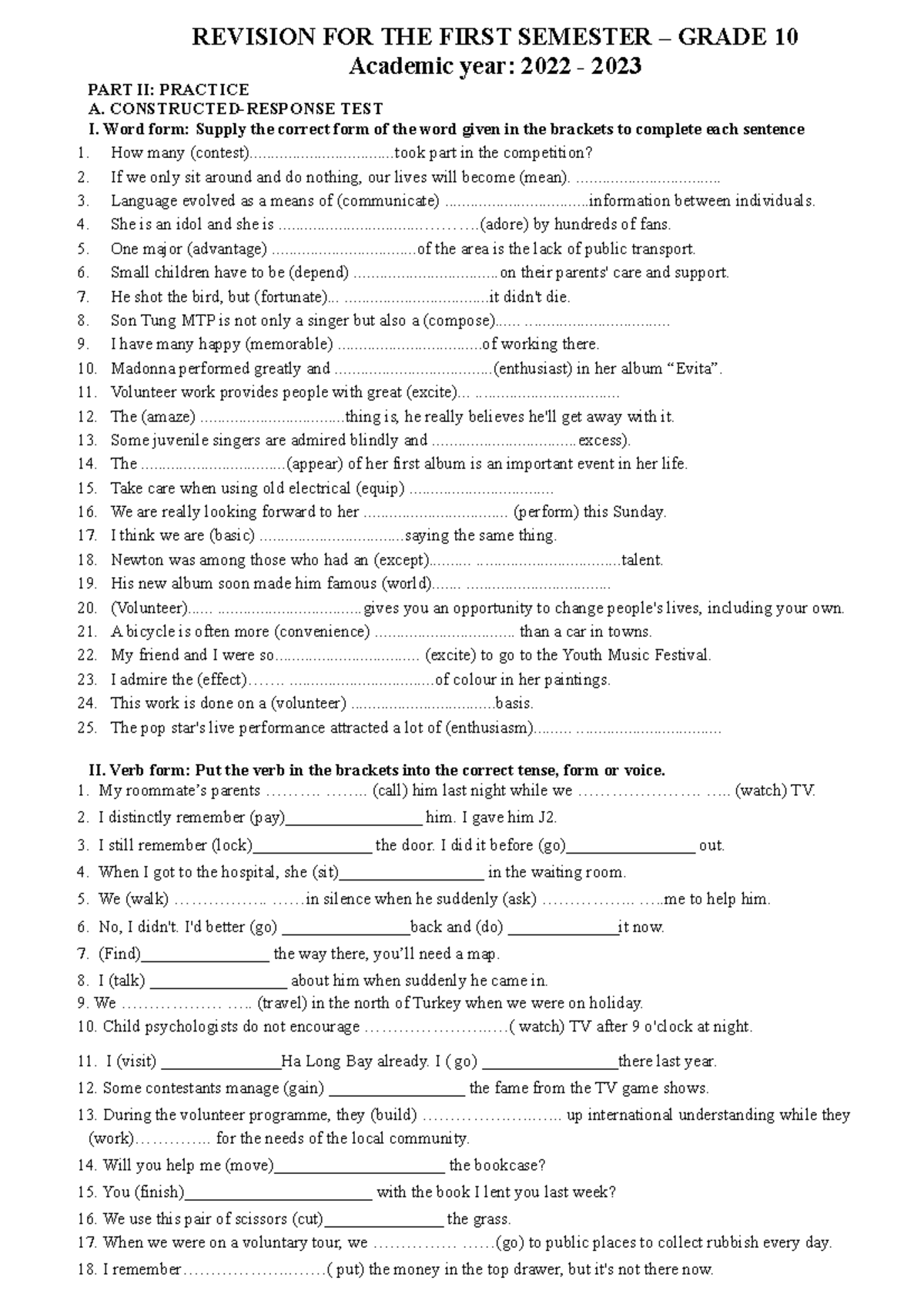 HS- Revision FOR THE First Semester- Grade 10 - REVISION FOR THE FIRST ...