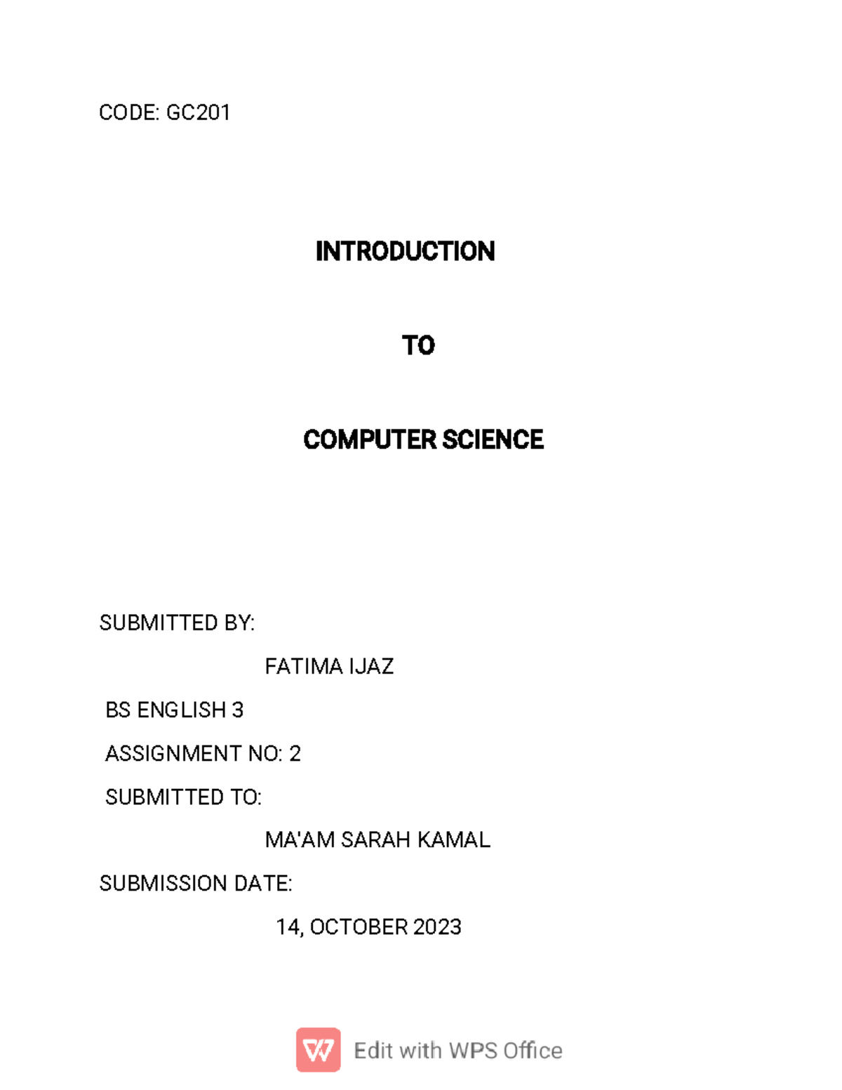 Computer notes - CODE: GC INTRODUCTION TO COMPUTER SCIENCE SUBMITTED BY ...