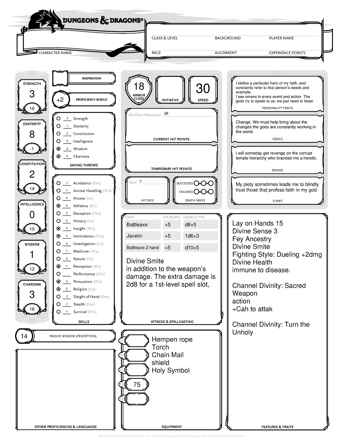 Dn D 5E Character Sheet - Form Fillable - ####### RACE ####### CLASS ...