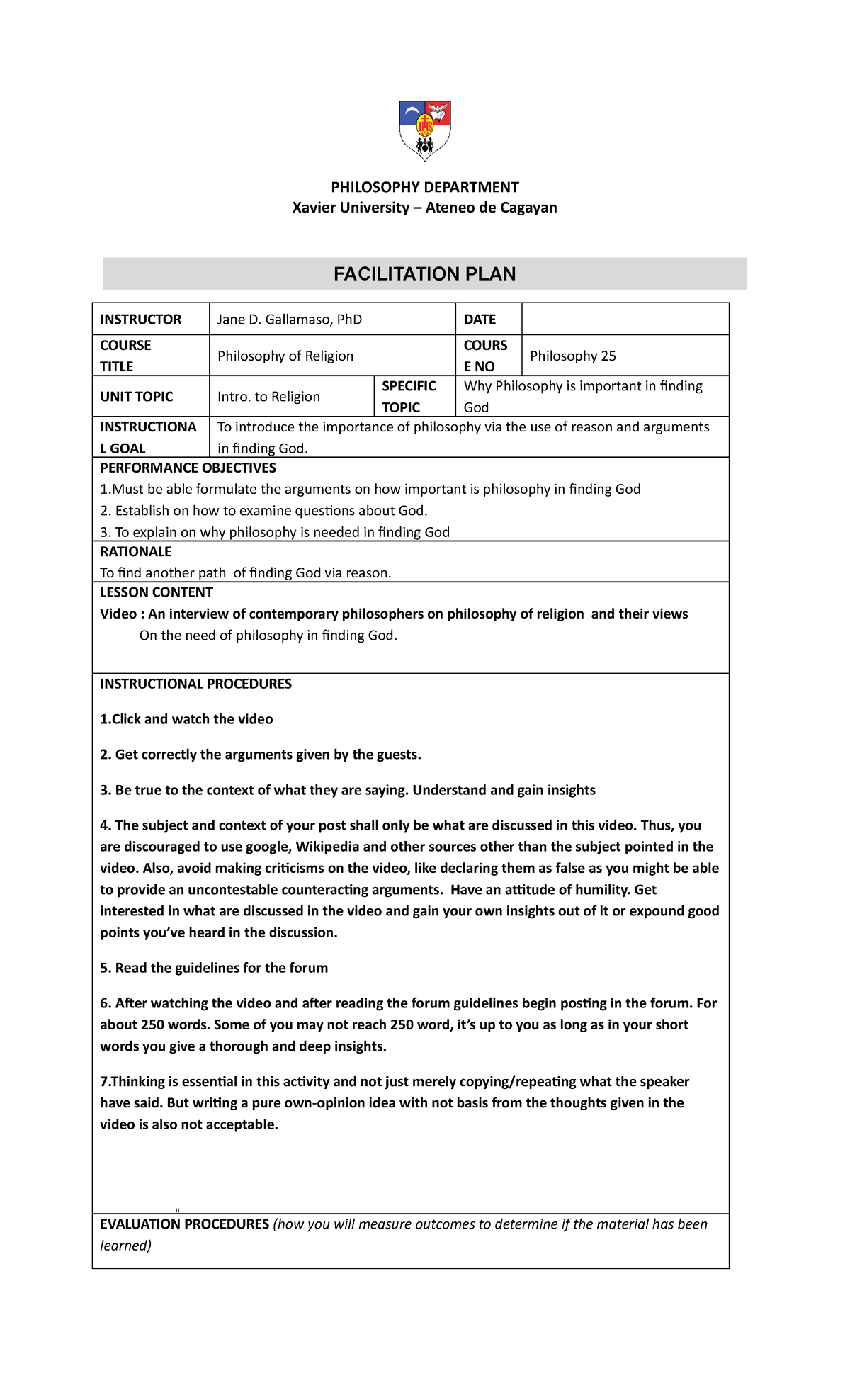 Philo 25studyguide 1 - PHILOSOPHY DEPARTMENT Xavier University – Ateneo ...