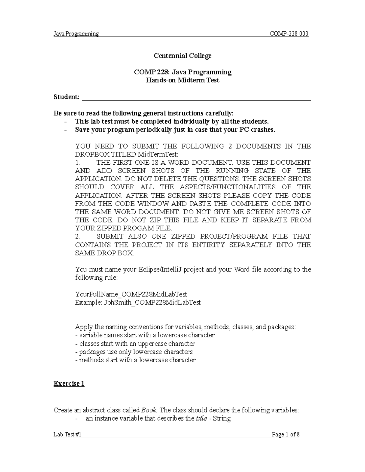 Mid Test Final Version Mid test Centennial College COMP 228 Java