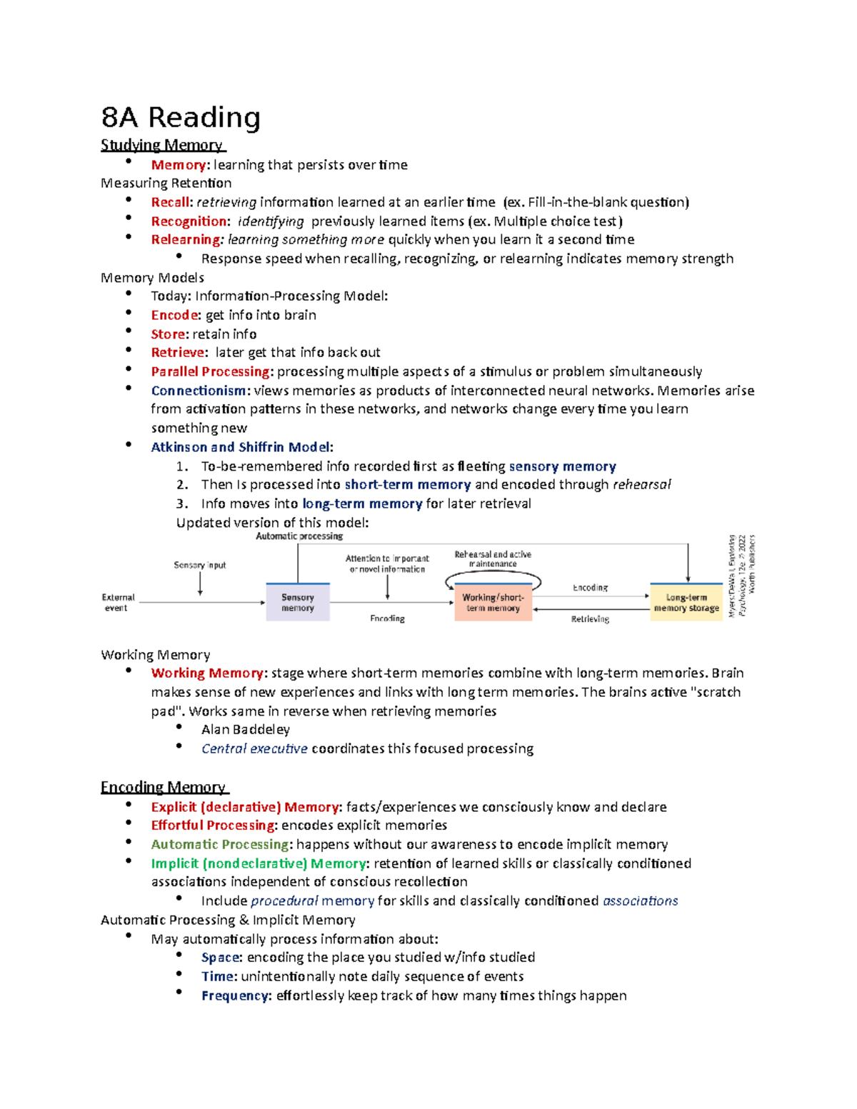 Psych Reading Notes Chapter 8 - 8A Reading Studying Memory Memory ...