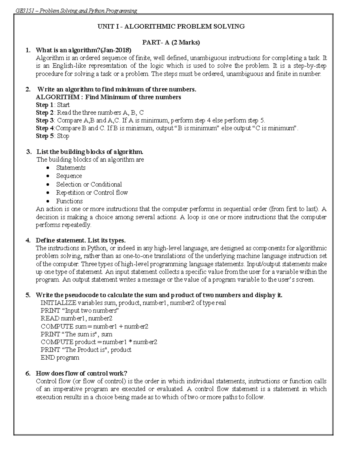 GE3151 Python Question Bank - UNIT I - ALGORITHMIC PROBLEM SOLVING PART ...
