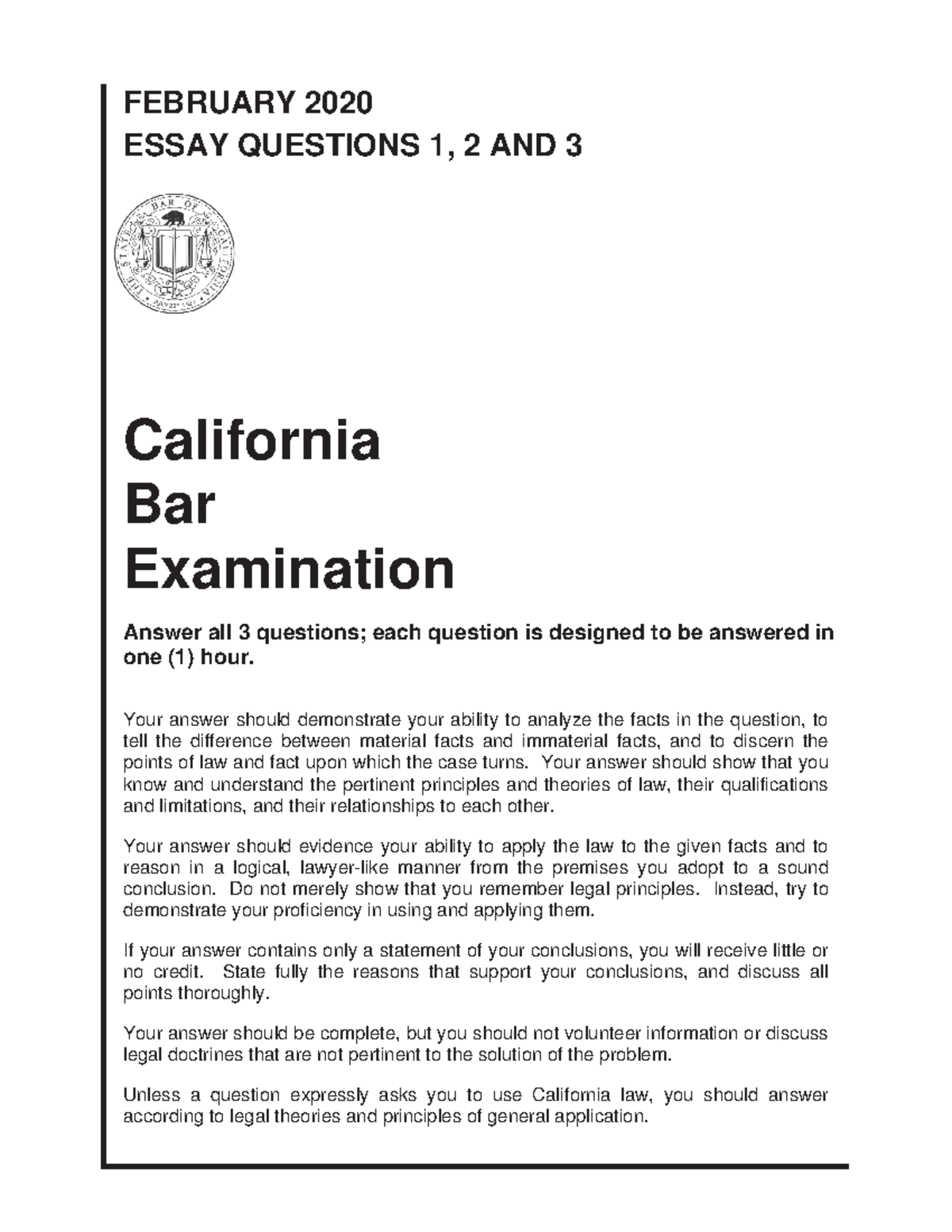 california bar exam february 2020 essays