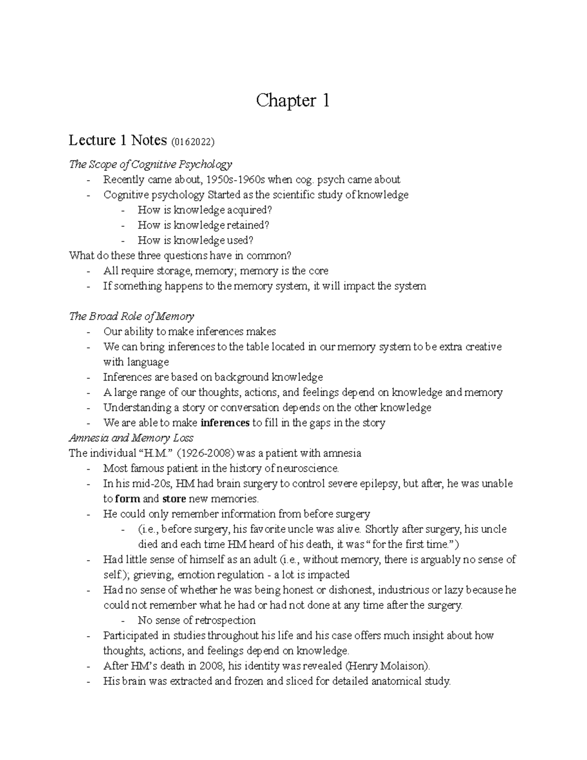 Lecture 1: The Science of the Mind - Chapter 1 Lecture 1 Notes (0162022 ...