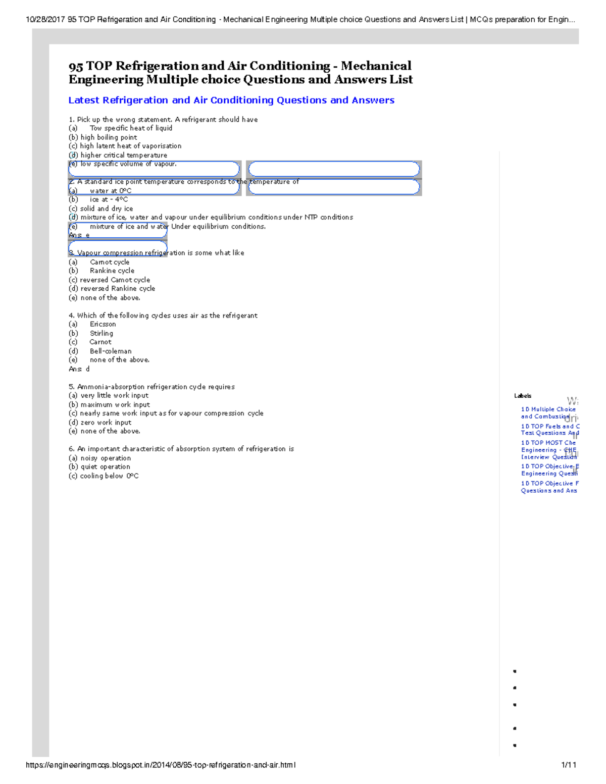 MCQs RAC For Practice Unit I,II and III 95 TOP Refrigeration and Air