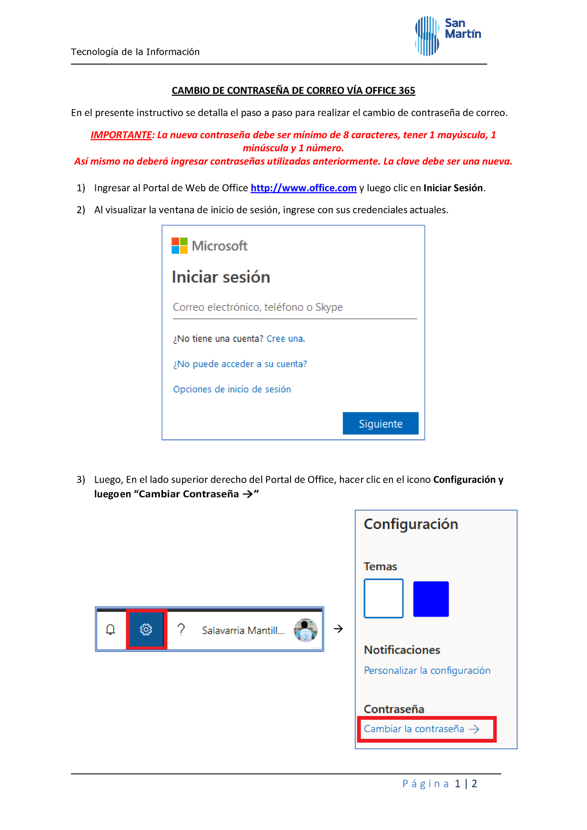 Instructivo cambio de password vía Office 365 - Tecnología de la  Información P á g i n a 1 | 2 - Studocu