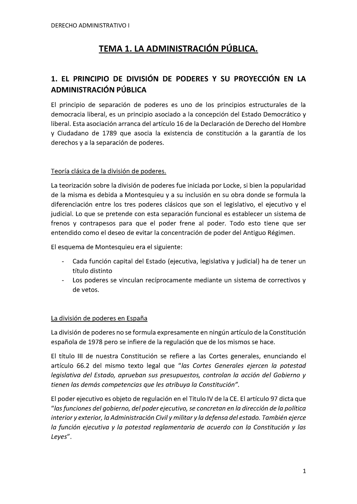 TEMA Derecho Administrativo I DERECHO ADMINISTRATIVO I TEMA LA ADMINISTRACIN PBLICA