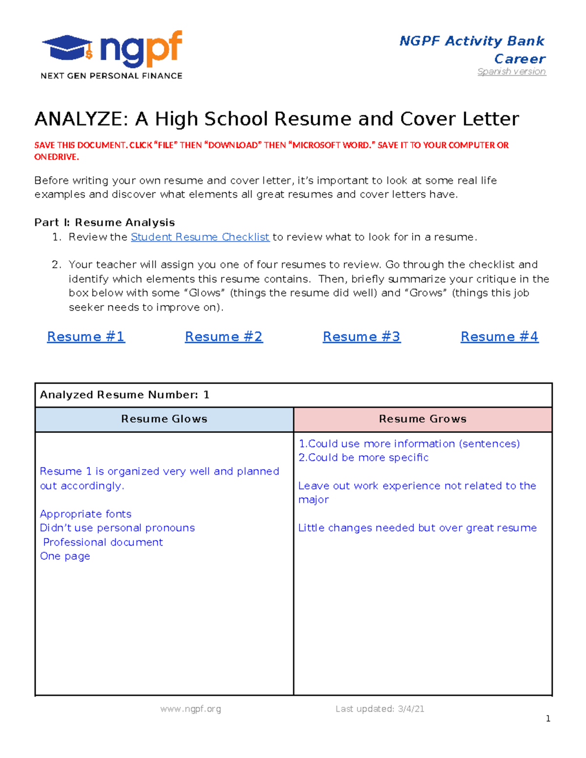 Analyze A High School Resume and Cover Letter - NGPF Activity Bank ...